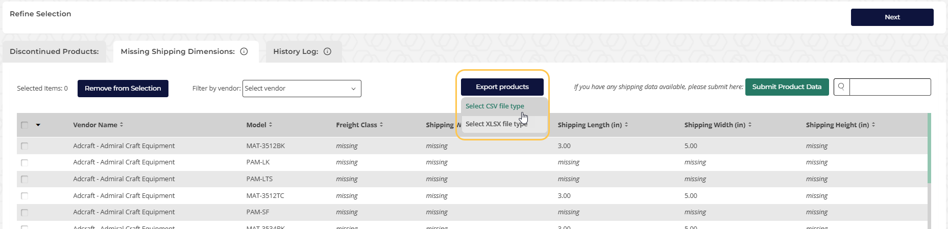 Spreadsheet Export for Missing Shipping Dimensions