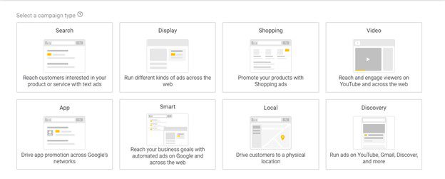 screencap of the types of google campaigns