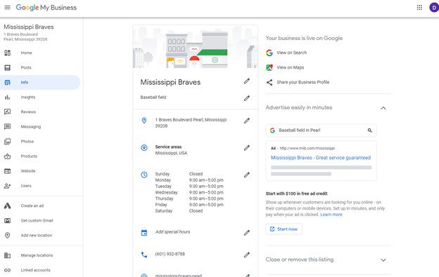 screenshot of GMB dashboard showing sample information