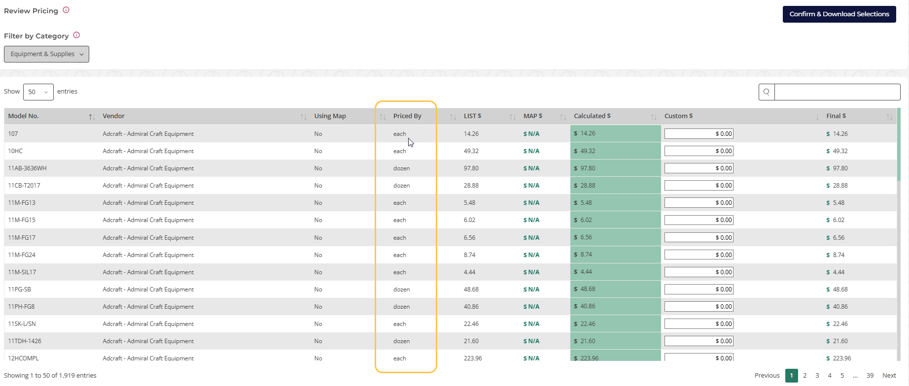 Priced By in Review Pricing Table