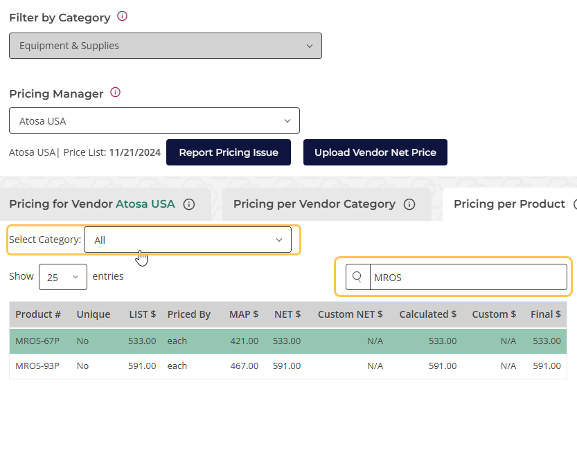 Product Search in Pricing Manager