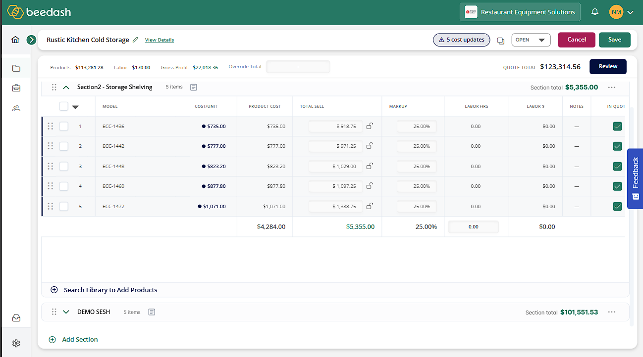 Beedash Quoting project editor showing pricing and cost columns on a smaller laptop screen