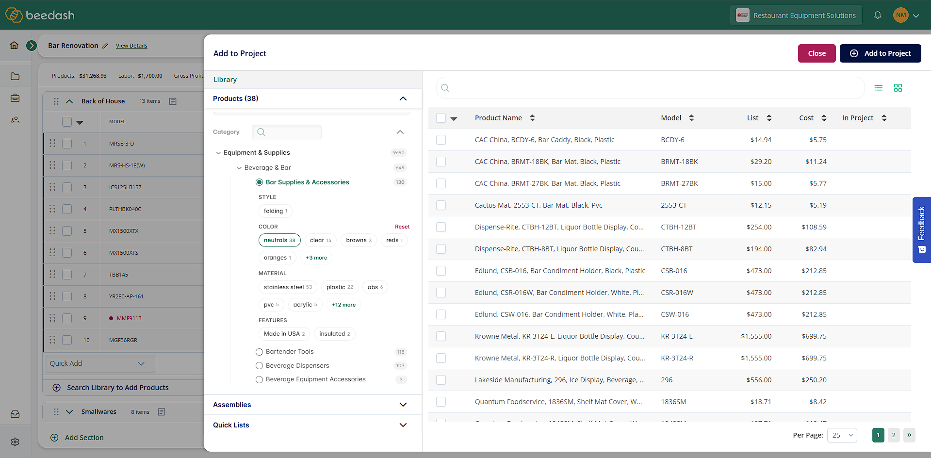 Beedash Quoting product search with category filters for style, color, material, and features